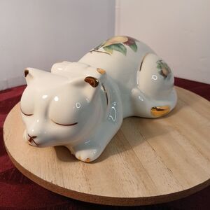 Formalities Baum Bros Cat Sleeping White Porcelain Ceramic Gold & Fruit Accents